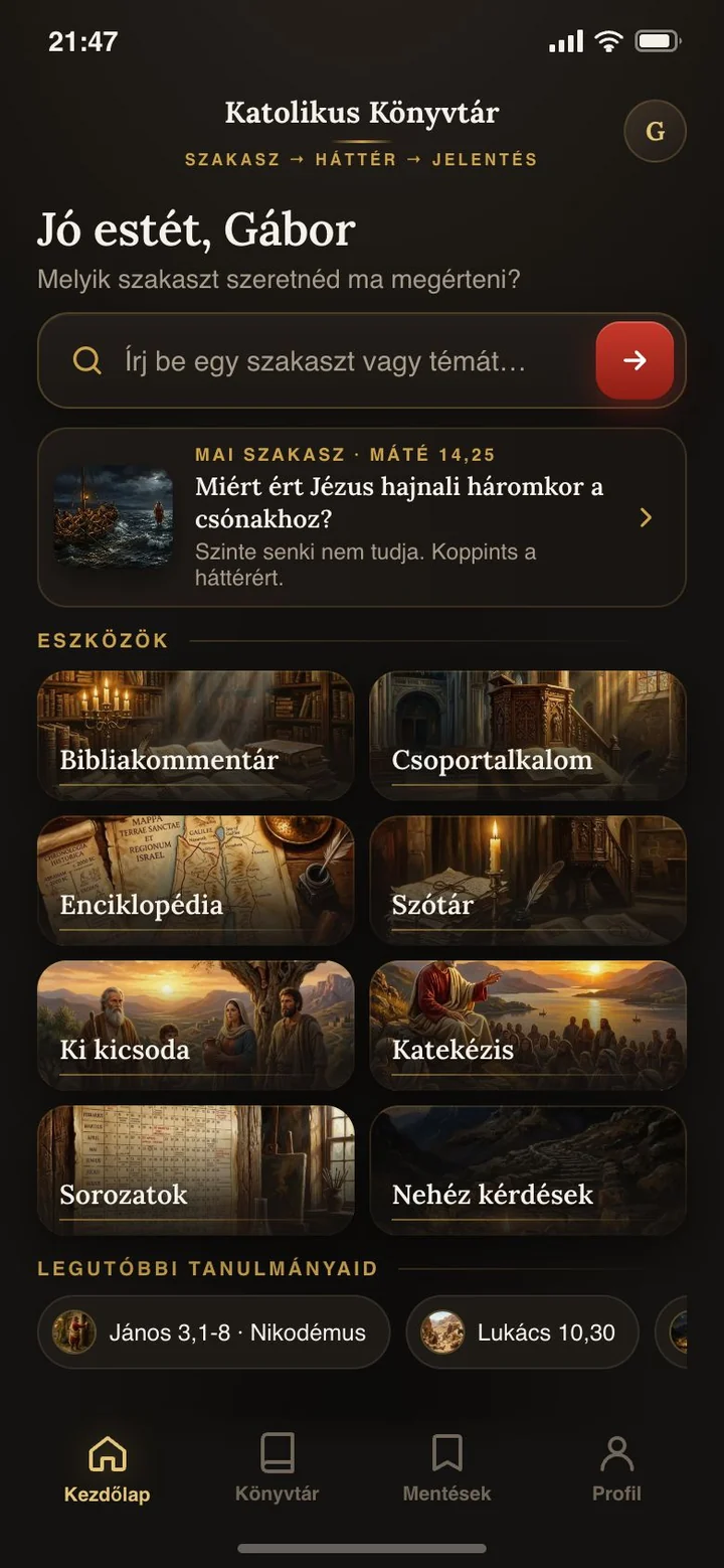 A Katolikus Könyvtár alkalmazás: szakaszkereső és 8 eszköz