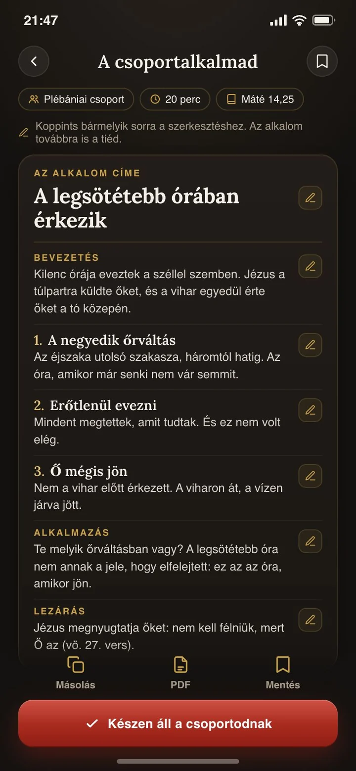 Kész csoportalkalom: cím, bevezetés, három pont, alkalmazás és lezárás