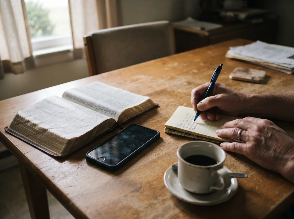 Nyitott Biblia egy telefon mellett reggel