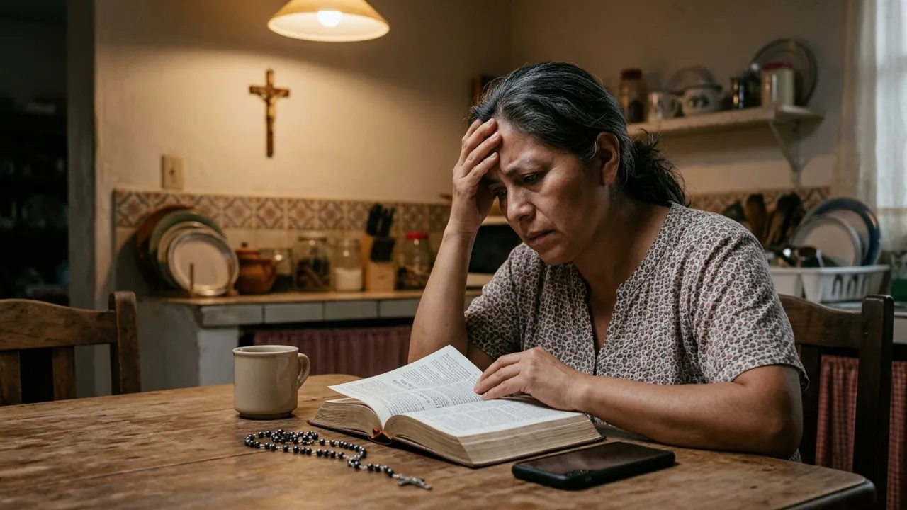 Egy nő a konyhaasztalnál újraolvassa a Biblia ugyanazon oldalát, de nem érti